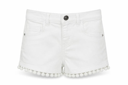 Front view of Denim Co girls’ white denim cut-off shorts, size 5-6, years - pom pom