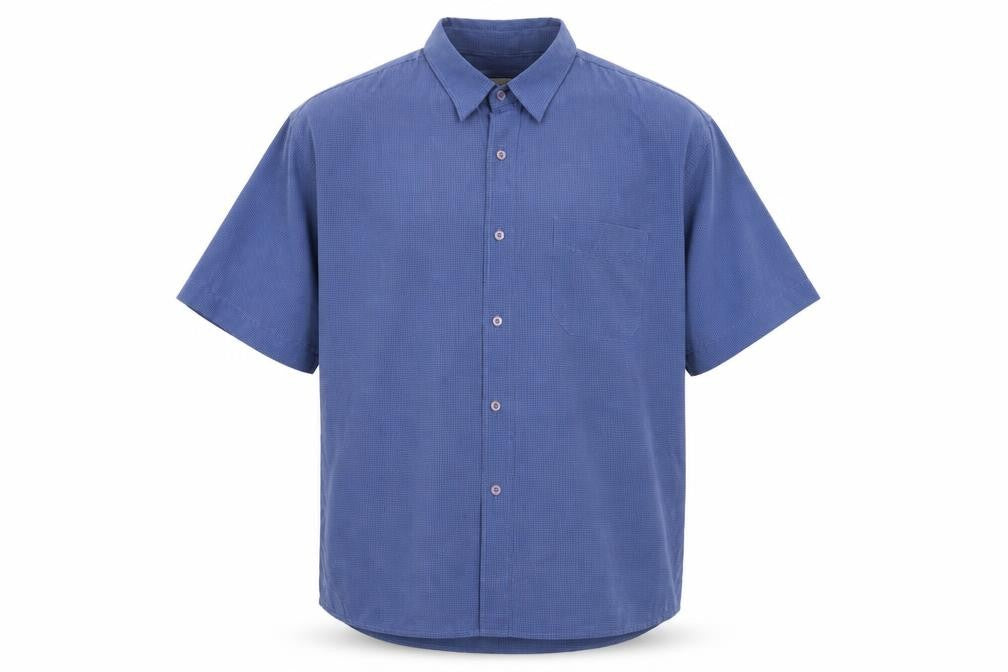 Front view of EWM men’s blue check button-up, size XL