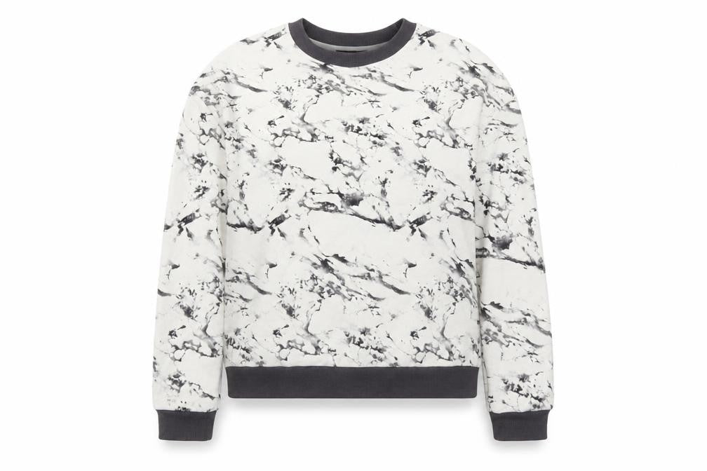 Front view of Topshop women’s white pullover sweatshirt, size UK 6, - grey marble print