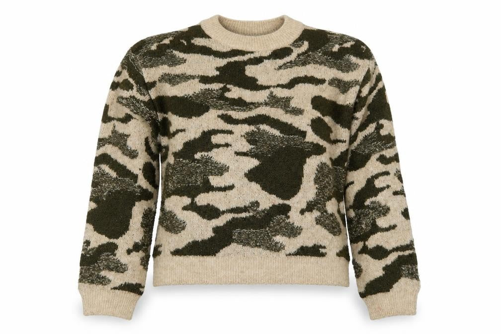 Front view of Primark women’s green camouflage knit jumper, size UK 6