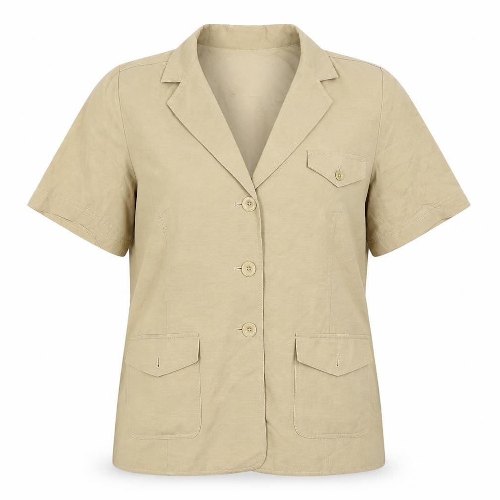 Front view of Country Casuals women’s beige basic button-up, size M