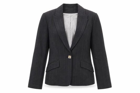 Front view of Principles women’s grey striped jacket suit jacket, size UK 10