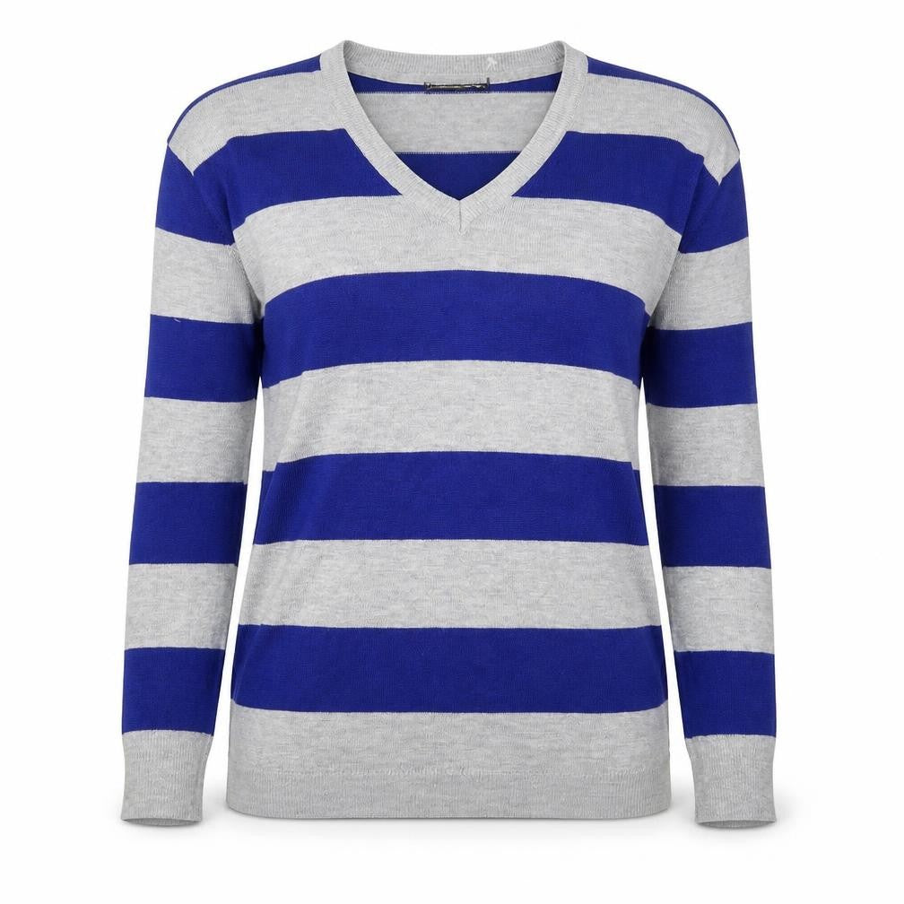 Front view of Atmosphere women’s blue striped knit jumper, size UK 8