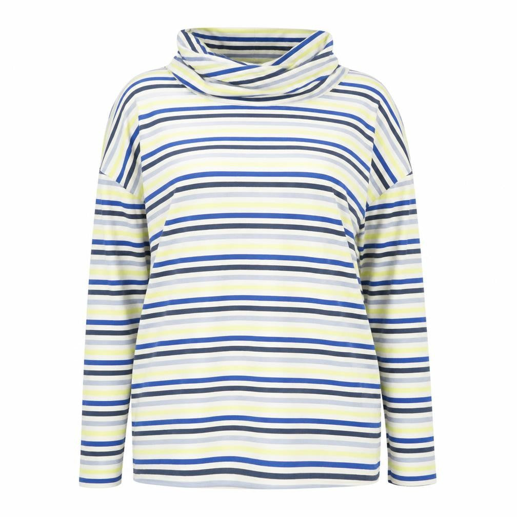 Front view of East women’s blue striped basic t-shirt, size S