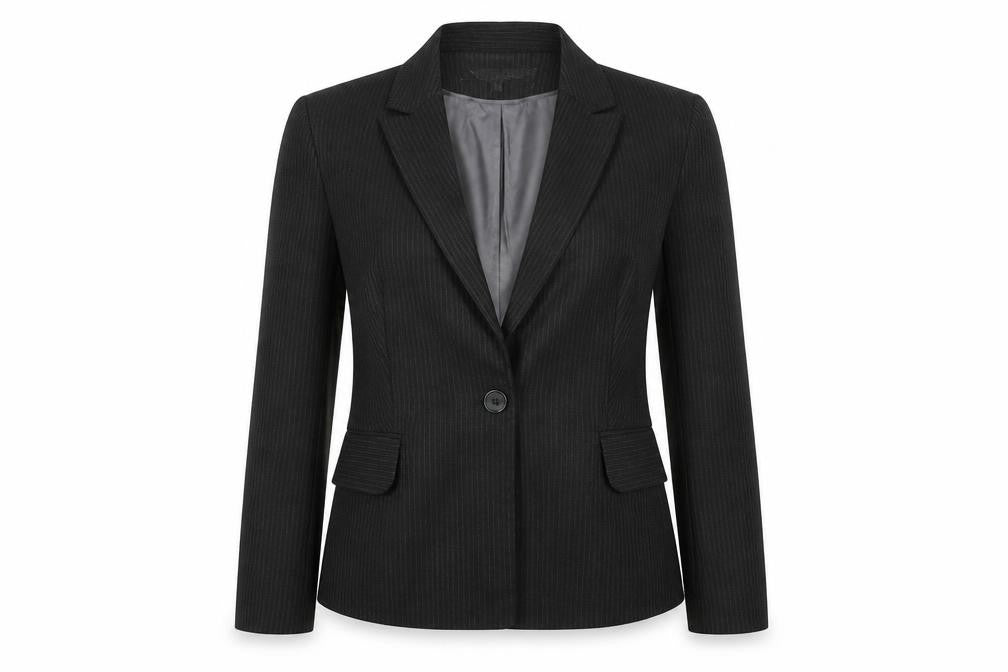 Front view of Warehouse women’s grey striped jacket suit jacket, size UK 10