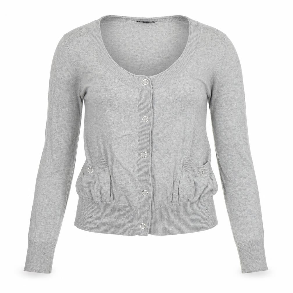Front view of Topshop women’s grey knit cardigan jumper, size UK 14