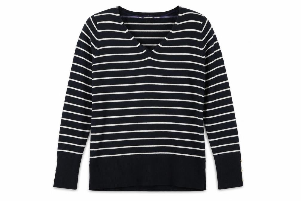 Front view of Atmosphere women’s blue striped knit jumper, size UK 12
