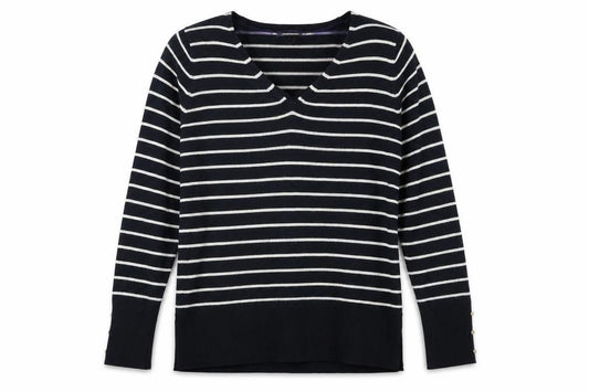 Front view of Atmosphere women’s blue striped knit jumper, size UK 12