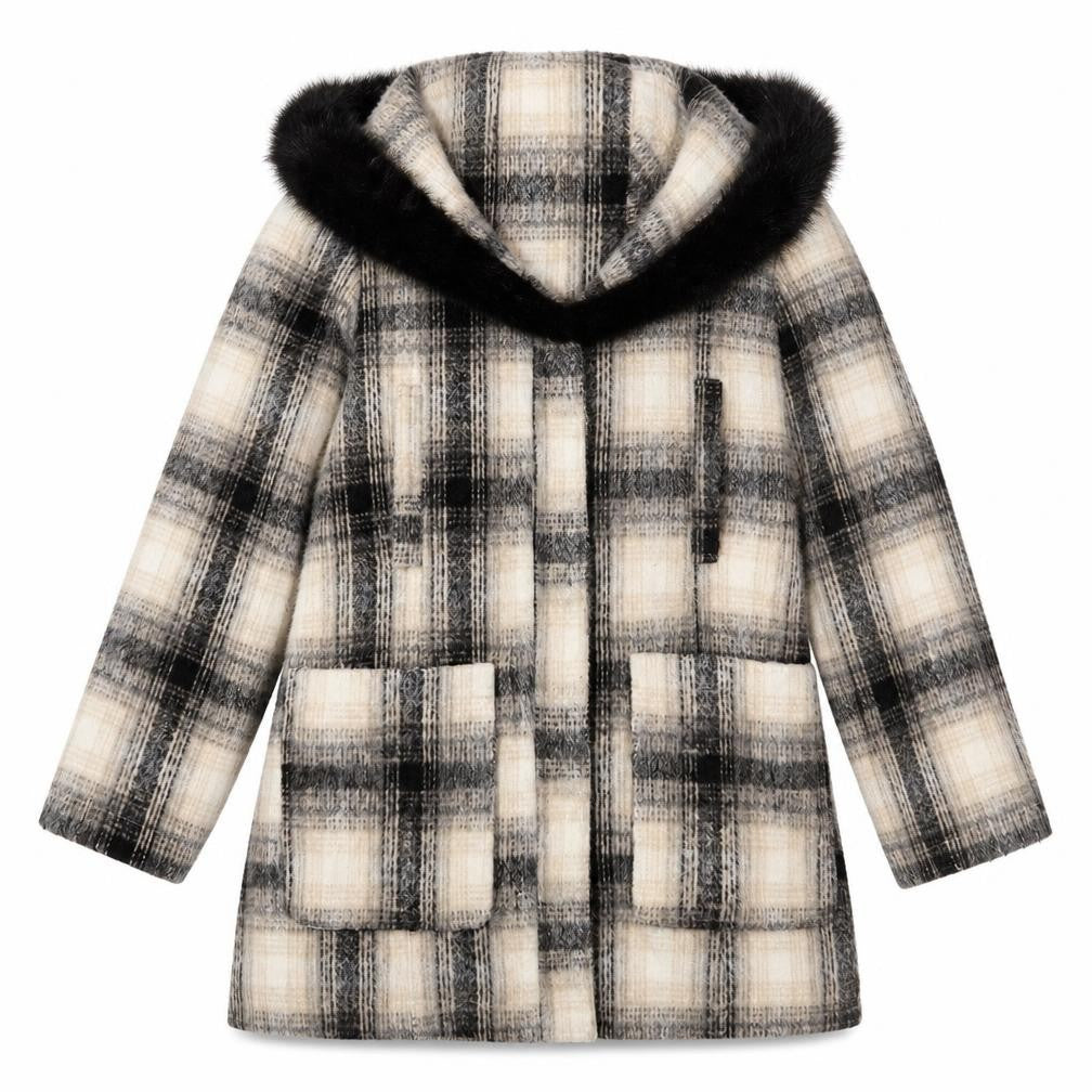 Front view of Bellfield women’s beige plaid overcoat coat, size M