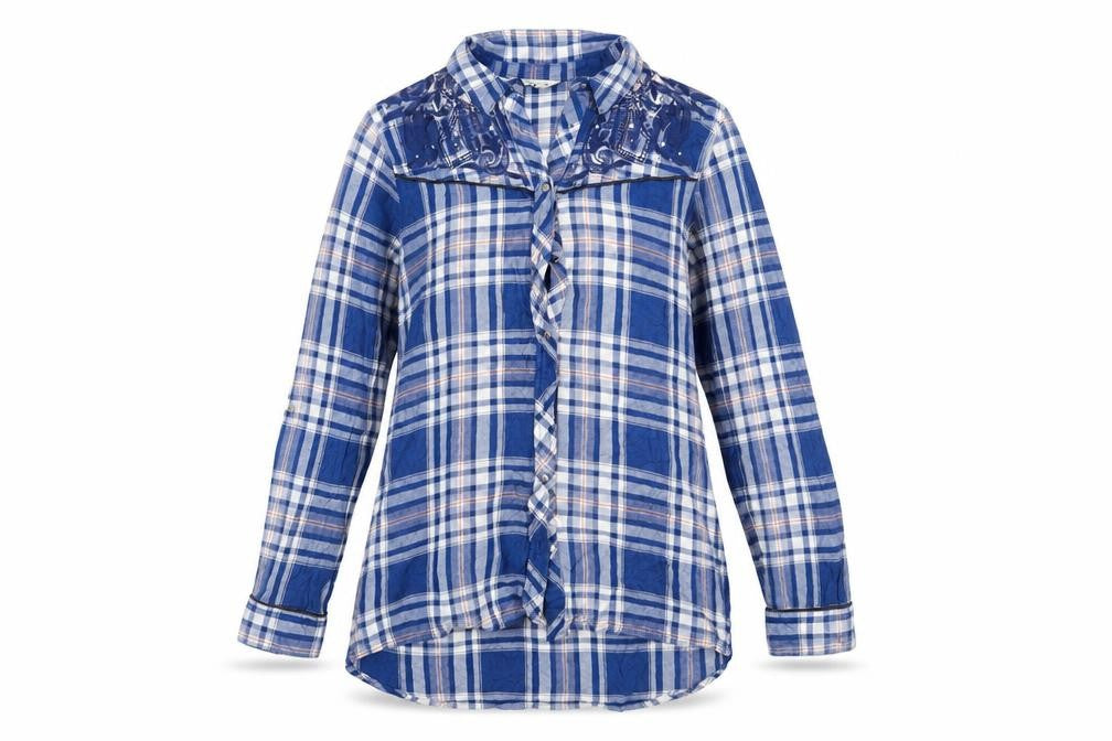 Front view of River Island women’s blue plaid basic button-up, size UK 10