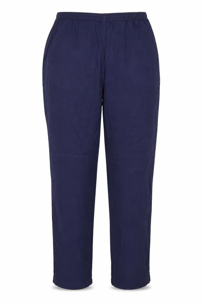 Front view of Marks & Spencer women’s blue trousers, size UK 14, 27-inch leg