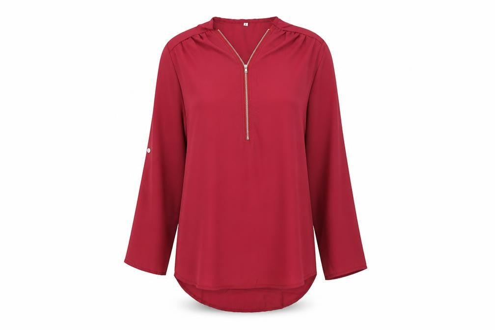 Front view of Preworn women’s red basic blouse, size L