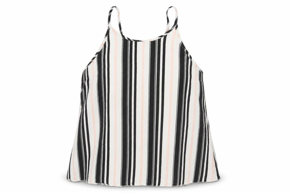 Front view of Miss Selfridge women’s black striped basic tank, size UK 10