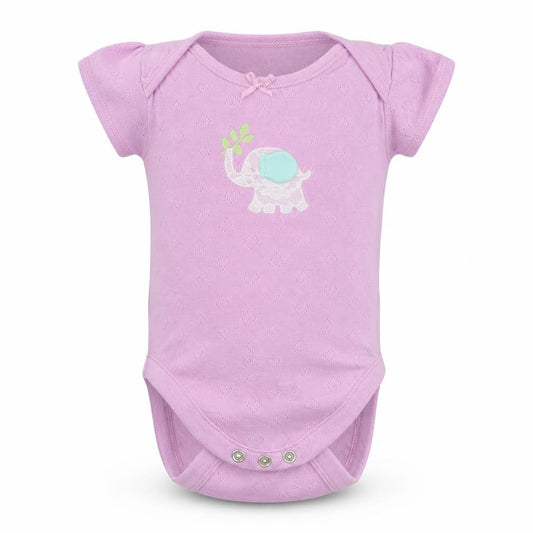Front view of Nutmeg girls’ pink romper one-piece, size 3-6, months