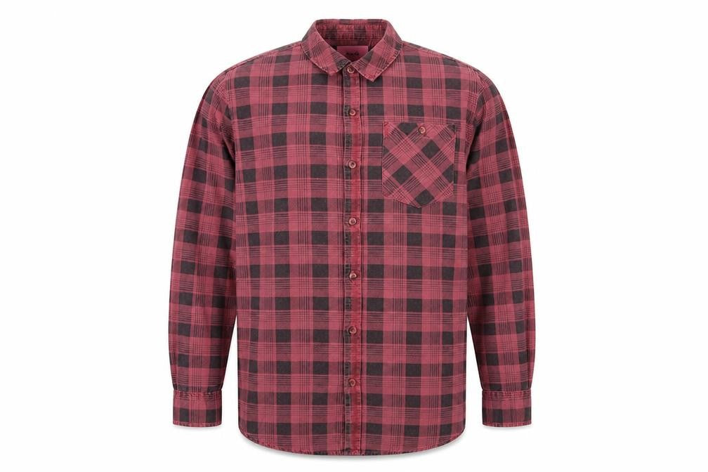 Front view of rolla's men’s red check button-up, size M