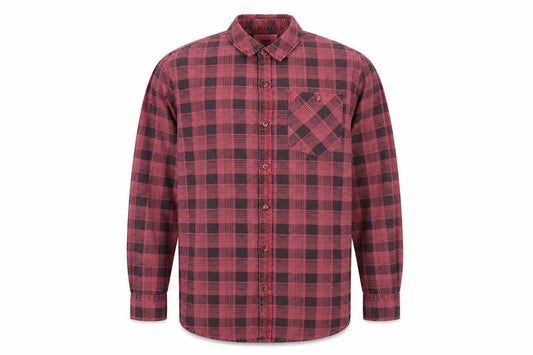 Front view of rolla's men’s red check button-up, size M