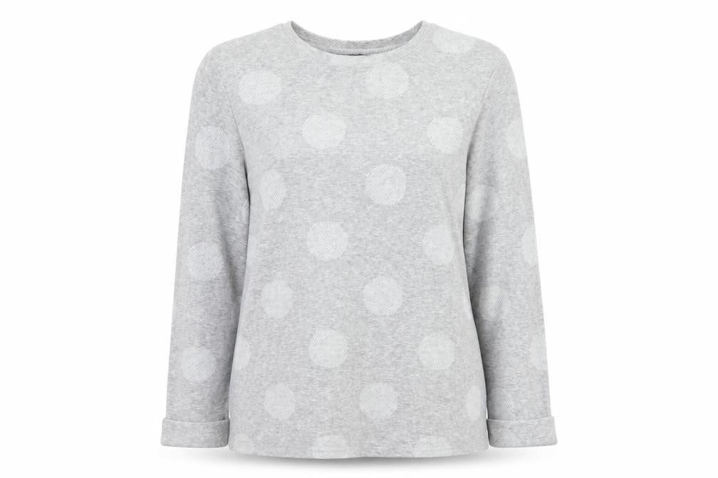 Front view of Marks & Spencer women’s grey polka dot knit jumper, size UK 14