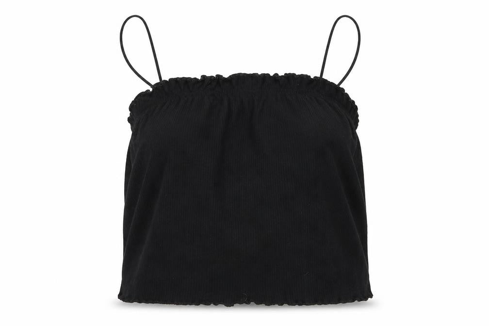 Front view of Boohoo women’s black basic tank, size UK 12