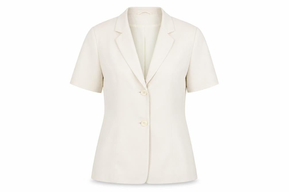 Front view of Wrap & Weft women’s ivory jacket blazer, size UK 14