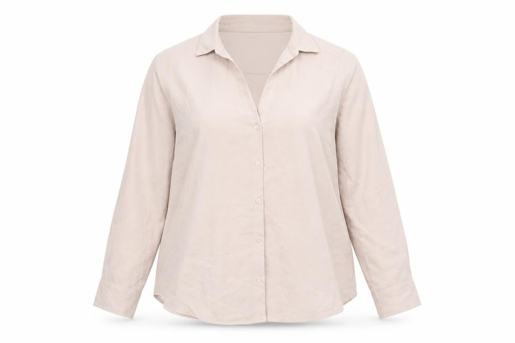 Front view of H&M women’s pink basic button-up, size L