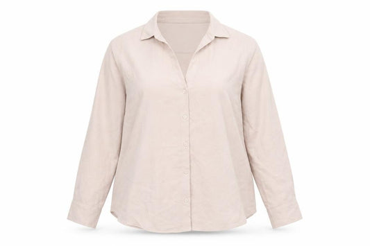 Front view of H&M women’s pink basic button-up, size L