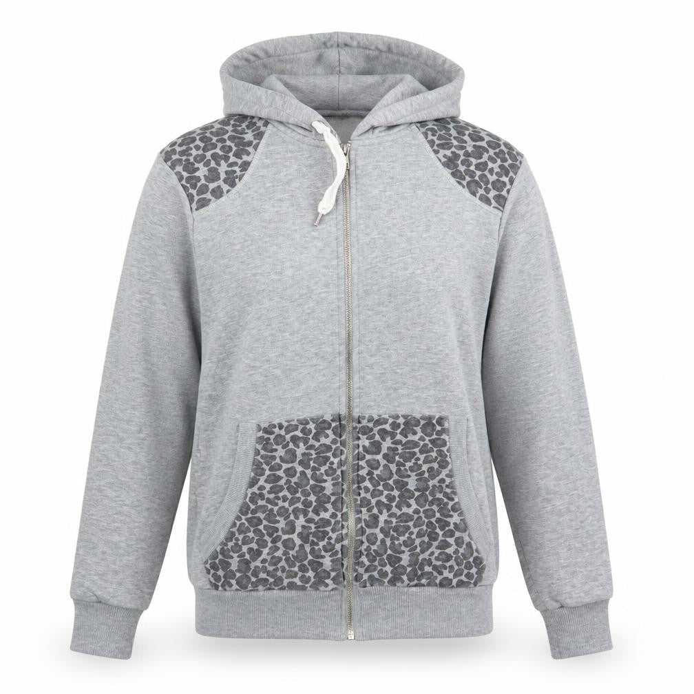 Front view of projekts women’s grey animal print full zip jumper, size S