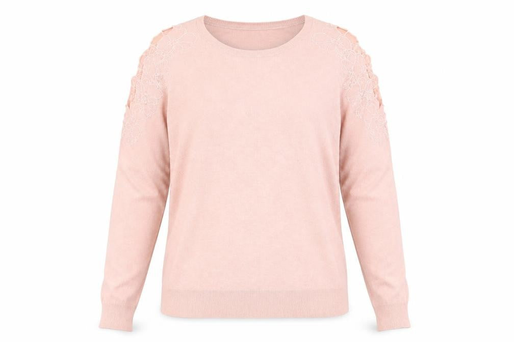 Front view of Warehouse women’s pink floral jumper, size UK 12