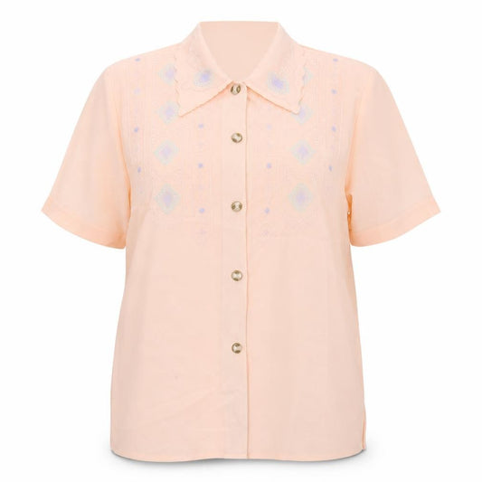 Front view of Rosy women’s pink geometric basic button-up, size UK 16