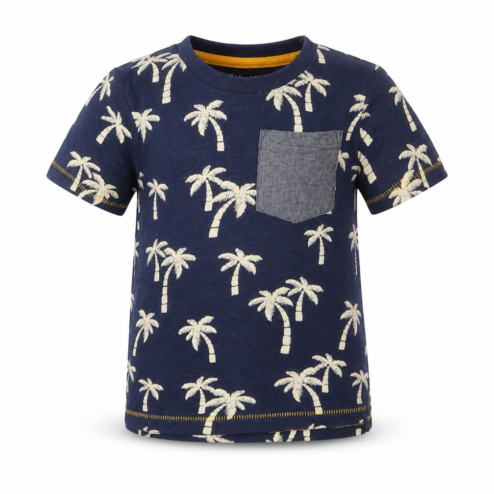 Front view of Primark boys’ blue floral basic t-shirt, size 9-12, months