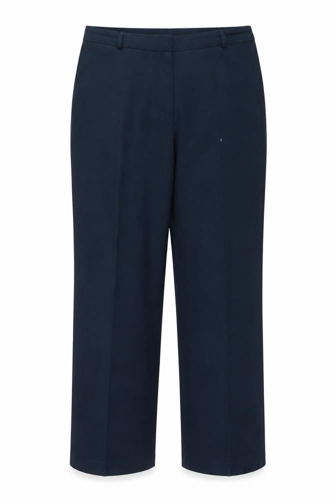Front view of Essentials Collection women’s blue trousers, size UK 14, 27-inch leg