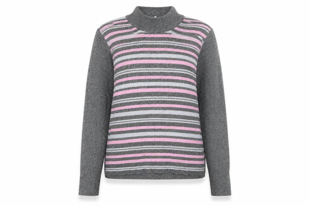 Front view of AFIBEL women’s grey striped knit jumper, size UK 10