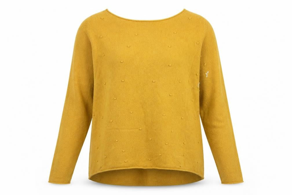 Front view of SMF women’s yellow knit jumper, size UK 14, - dotted pattern