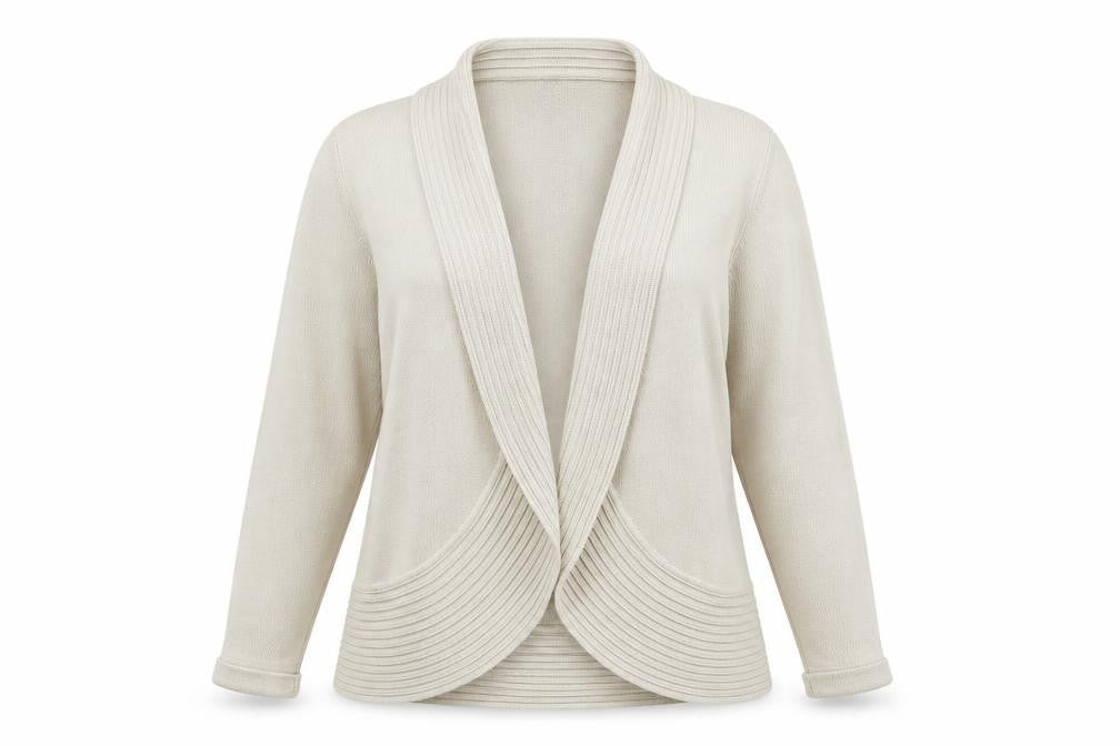 Front view of BHS women’s beige knit cardigan jumper, size UK 14
