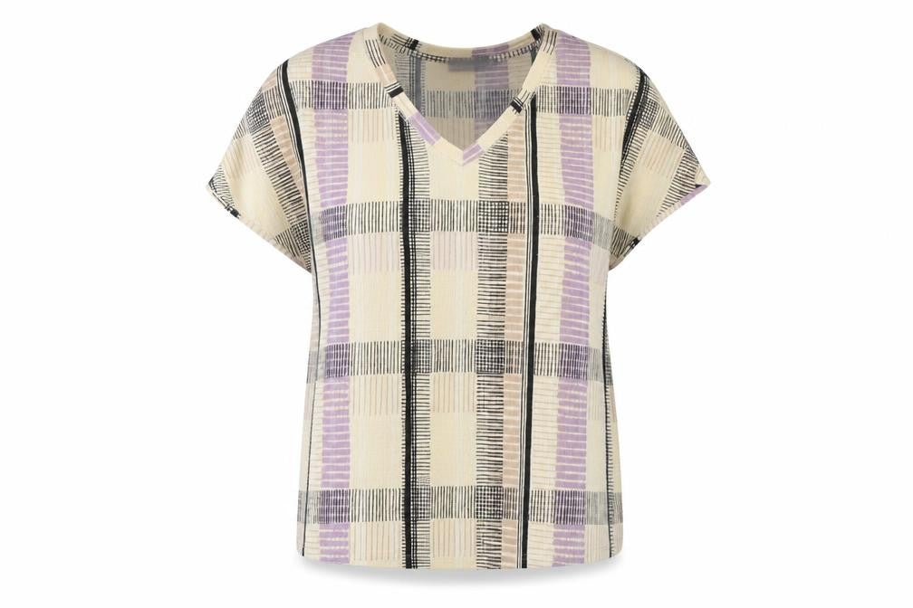 Front view of Marks & Spencer women’s beige geometric basic t-shirt, size UK 12