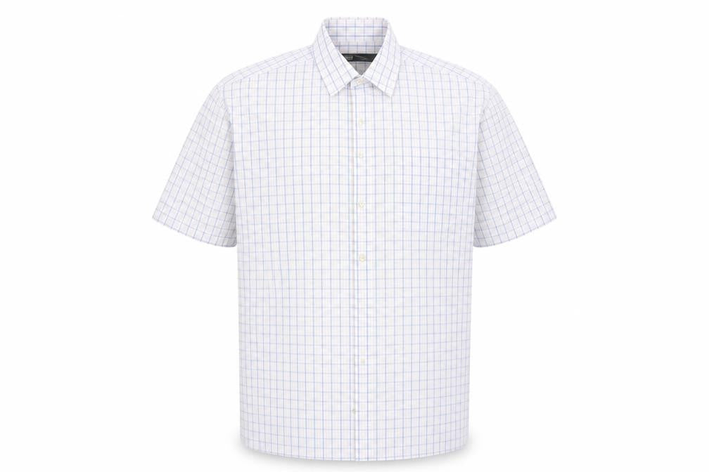 Front view of Marks & Spencer men’s pink check button-up, size 16.5