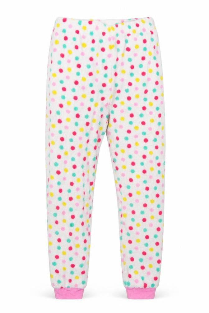 Front view of Primark girls’ white polka dot pyjama pants, size 9-10, years