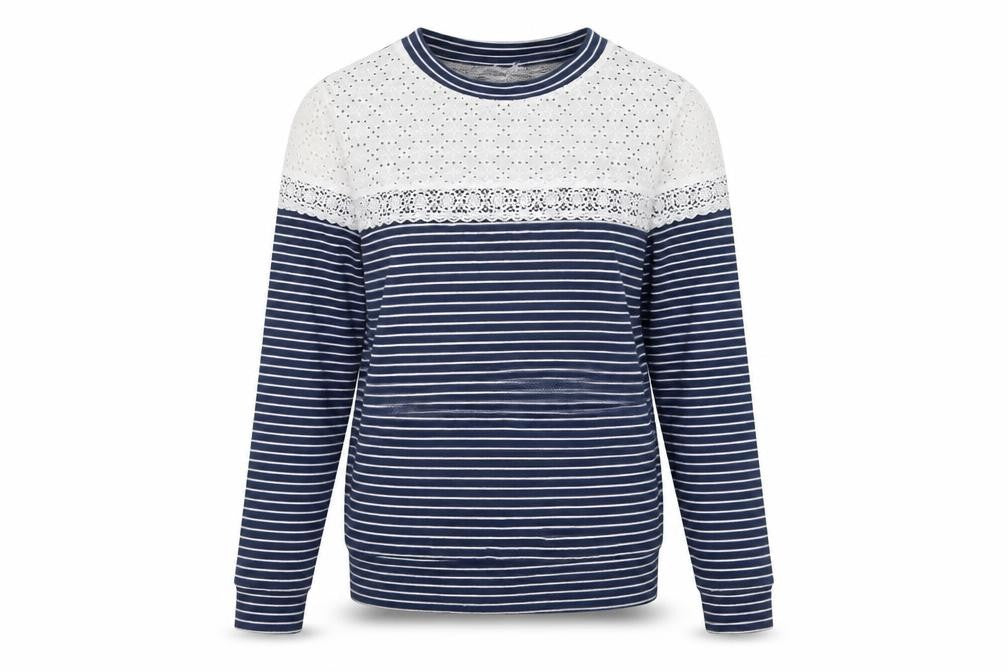 Front view of Matalan women’s white striped pullover sweatshirt, size UK 10