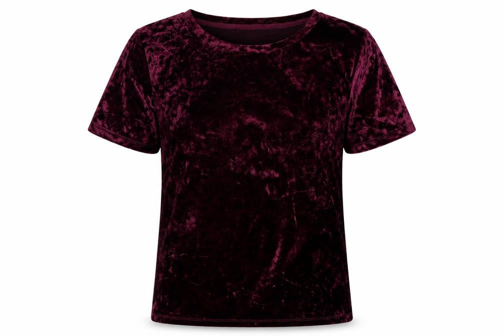Front view of Marks & Spencer women’s purple velvet basic t-shirt, size UK 6