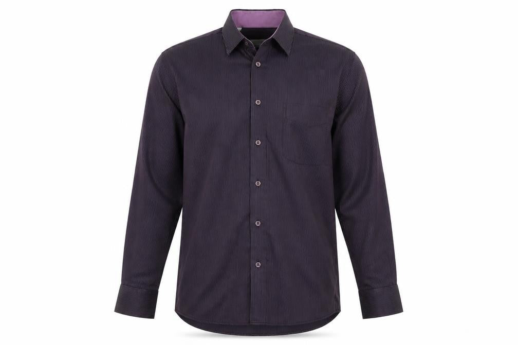 Front view of James Aubrey men’s purple striped button-up, size M