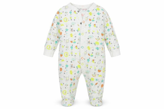 Front view of Minoti Baby White Geometric Babygrow One-Piece, size 0-3, Months