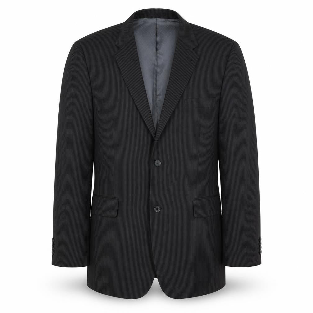 Front view of Taylor & Wright men’s black striped jacket blazer, size L