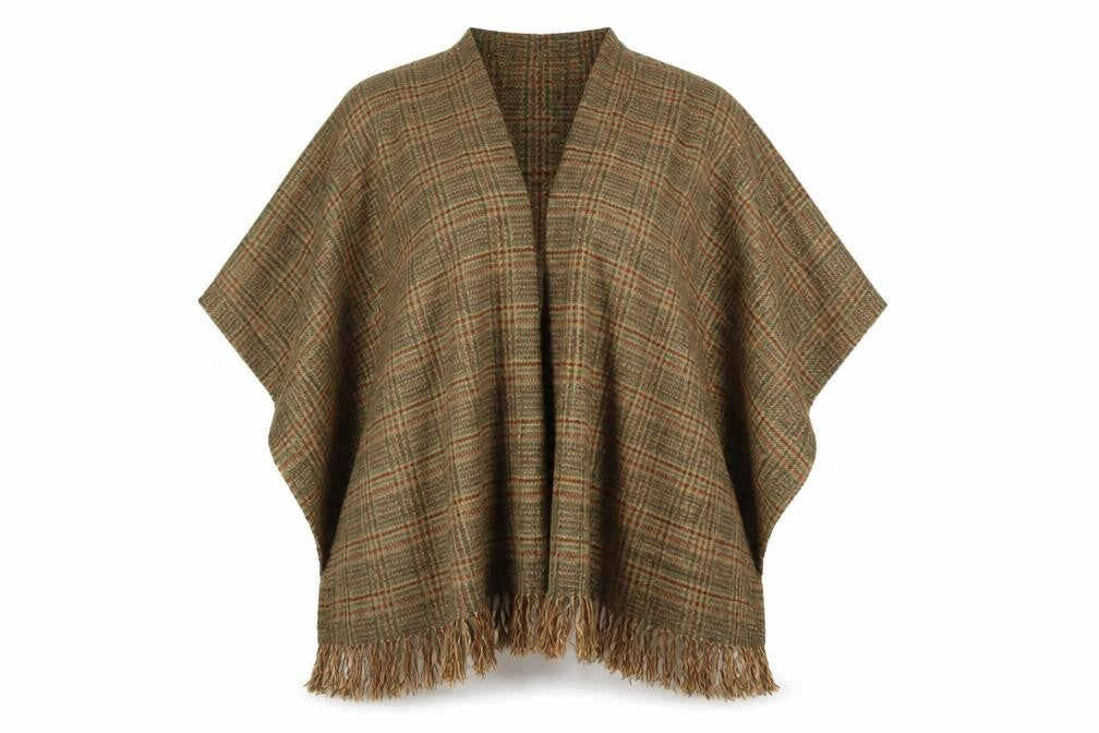 Front view of Preworn women’s brown plaid cape jumper one size