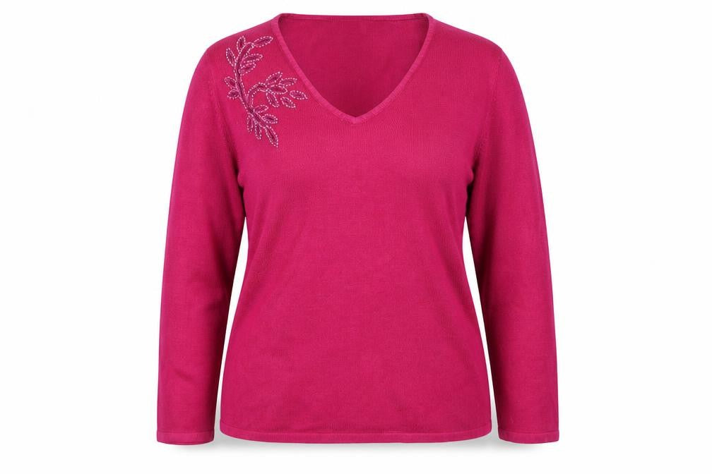 Front view of BHS women’s pink floral jumper, size UK 14
