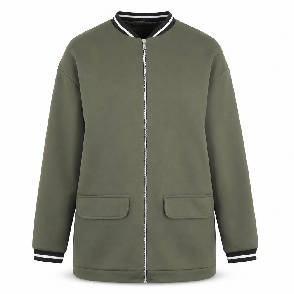 Front view of QED London women’s green full zip jumper, size UK 10