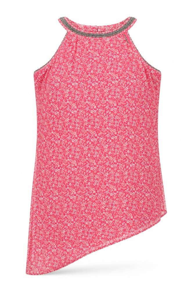 Front view of Next women’s pink floral basic blouse, size UK 12, - asymmetric hem