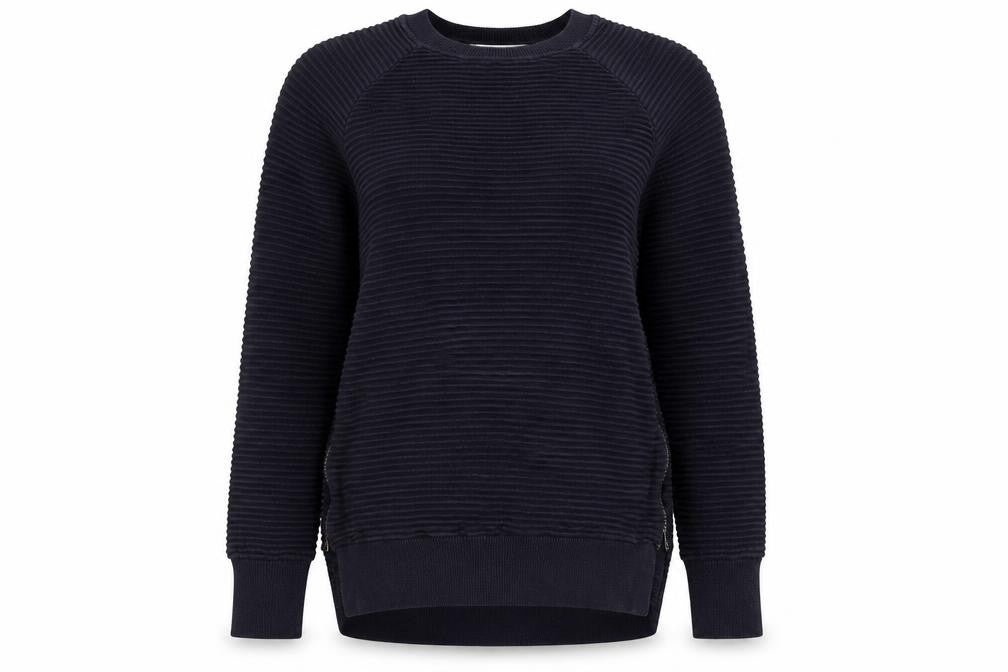 Front view of French Connection women’s blue pullover sweatshirt, size XS