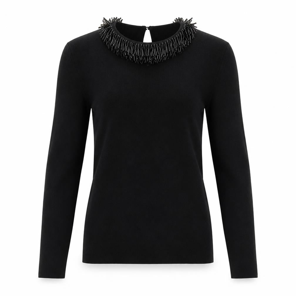 Front view of Warehouse women’s black jumper, size UK 6