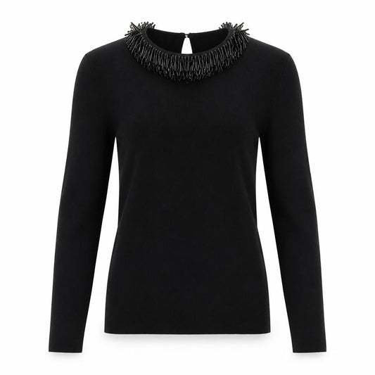 Front view of Warehouse women’s black jumper, size UK 6