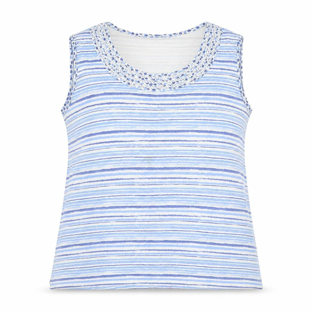 Front view of Bonmarché women’s blue striped basic tank, size L