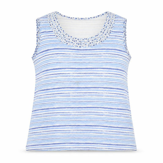 Front view of Bonmarché women’s blue striped basic tank, size L